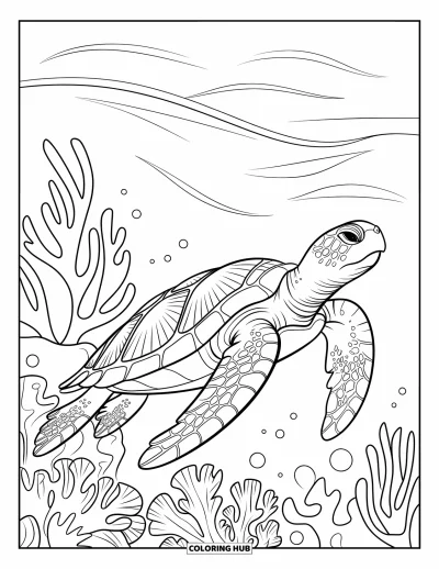 Coloriage d'animaux marins pour adultes : Une tortue de mer ornementée dérive à côté de coraux et d'algues dans des eaux calmes
