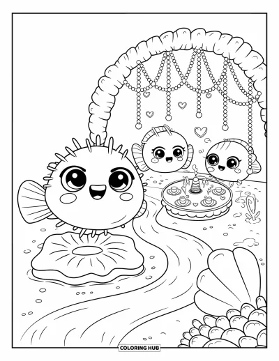 Coloriage d'animaux marins pour adultes : Un poisson-globe rebondit sur de la gelée avec des crevettes qui l'encouragent sous une arche de corail