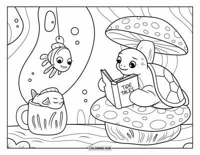 Coloriage d'animaux marins pour adultes : Une tortue de mer lit "Tide Tales" sur du corail tandis qu'un poisson somnolent se repose à proximité