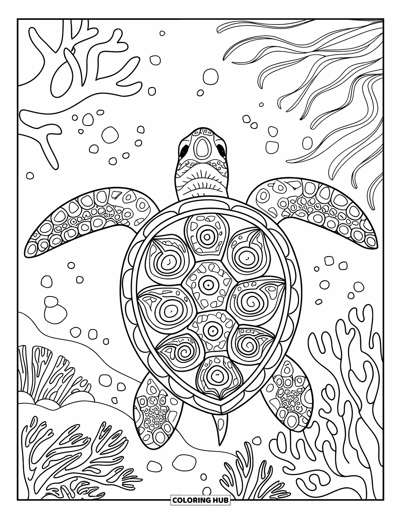 Meerestier-Ausmalbild für Erwachsene: Eine Meeresschildkröte mit detaillierten Mustern schwimmt in der Nähe von Korallen und schaukelndem Seetang unter Wasser