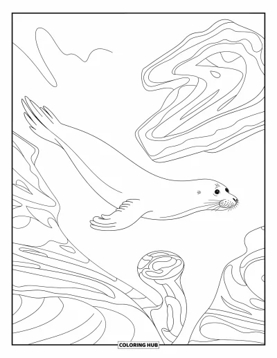 Coloriage d'animaux marins pour adultes : Un phoque de Groenland élancé nage dans une eau claire parmi des structures de glace et des tourbillons
