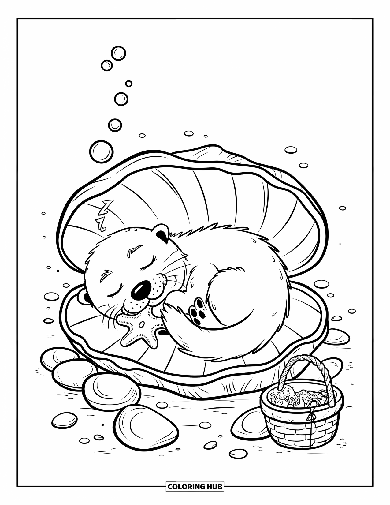 Meerestier-Ausmalbild für Erwachsene: Ein verschlafener Seeotter kuschelt auf einer Muschelschale neben Mondkieseln mit einem Seestern-Plüschtier