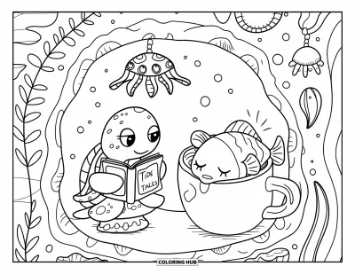 Coloriage d'animaux marins pour adultes : Une tortue lit "Tide Tales" sur du corail avec un poisson endormi et un poisson-lanterne lumineux tout près