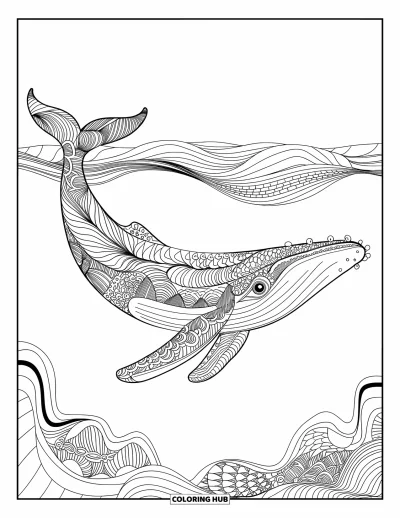 Coloriage d'animaux marins pour adultes : Une baleine nage dans les vagues avec des motifs zentangle et des textures marines abstraites