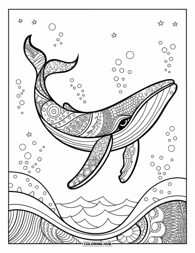Coloriage d'animaux marins pour adultes : Une baleine nage avec des segments corporels remplis de motifs zentangle et de textures océaniques