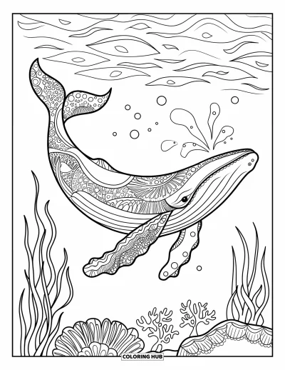 Coloriage d'animaux marins pour adultes : Une baleine aux motifs zentangle glisse à travers des ondulations, des bulles et du corail