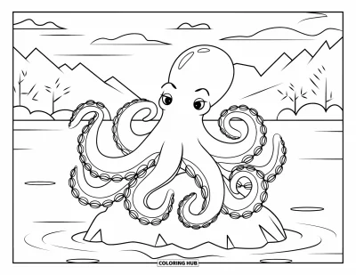 Coloriage d'animaux marins pour adultes : Une pieuvre assise sur un rocher avec des bras tourbillonnants formant des motifs floraux