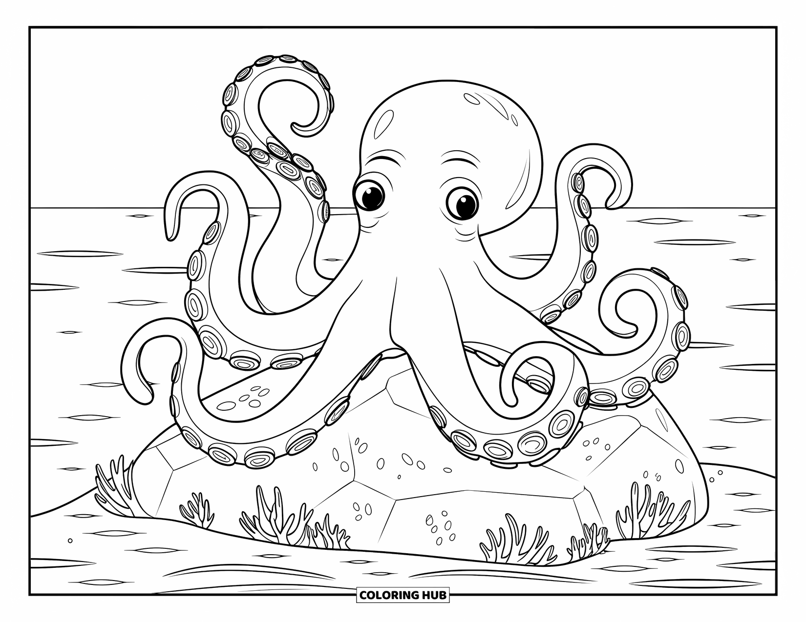Meerestier-Ausmalbild für Erwachsene: Ein Tintenfisch mit floralen Armen ruht auf einem Felsen über sanften Meereswellen