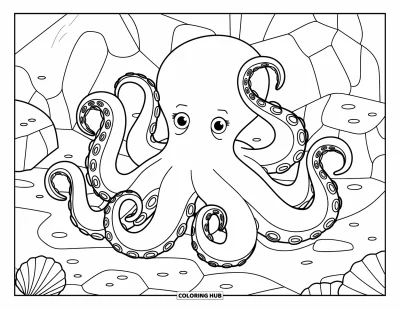 Coloriage d'animaux marins pour adultes : Une pieuvre aux bras tourbillonnants assise sur des rochers avec quelques coquillages autour