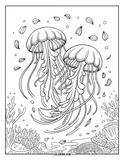 Coloriage d'animaux marins pour adultes : Des méduses dansent ensemble sous l'eau avec de douces spirales et des pétales marins flottants
