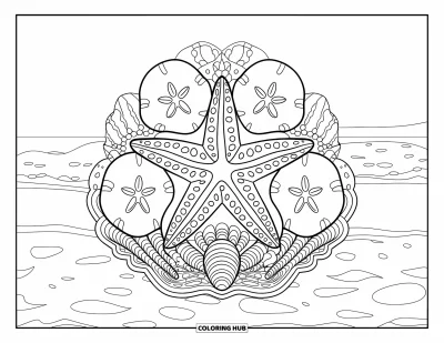 Coloriage d'animaux marins pour adultes : Des étoiles de mer, des coquillages et des oursins plats disposés symétriquement sur des vagues avec un horizon au loin
