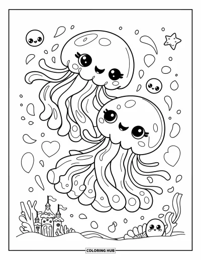 Coloriage d'animaux marins pour adultes : Deux jolies méduses dansent sous l'eau entourées de pétales marins et de petites formes