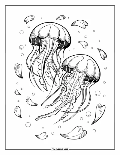 Coloriage d'animaux marins pour adultes : Deux méduses tourbillonnent ensemble sous l'eau avec des tentacules ondulants et des pétales marins