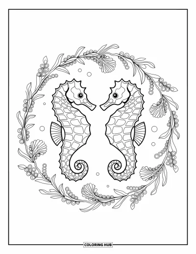 Coloriage d'animaux marins pour adultes : Deux hippocampes ornementés face à face dans un cercle de récif floral détaillé