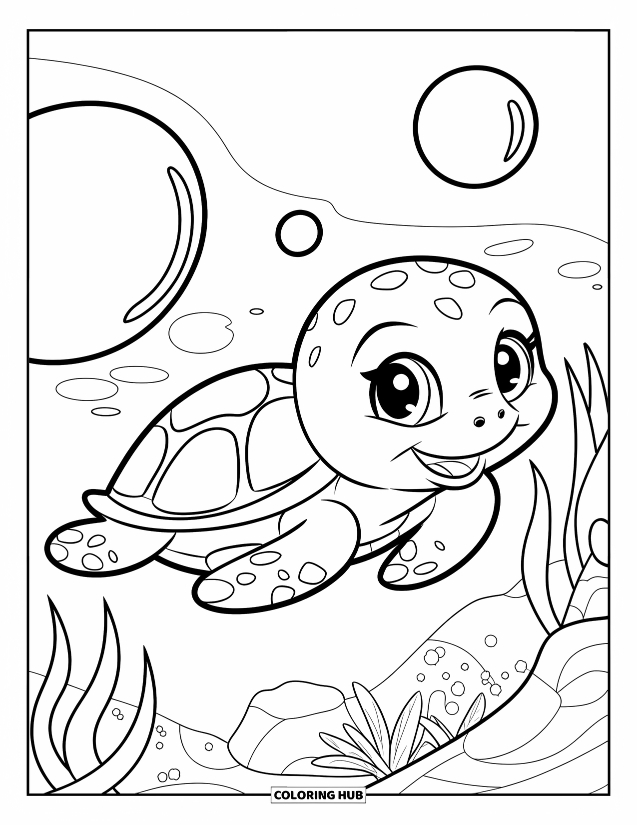 Meerestier-Ausmalbild für Kinder: Eine Baby-Schildkröte mit kleinem Panzer schwimmt in der Nähe von zwei großen Blasen und Pflanzen