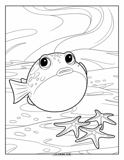 Coloriage d'animaux marins pour enfants : Un gros poisson-globe posé sur le sable près d'étoiles de mer déployées