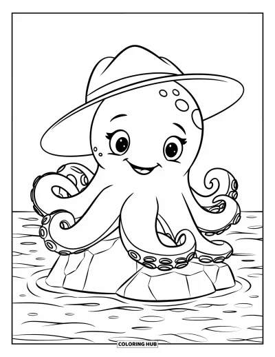 Coloriage d'animaux marins pour enfants : Une grande pieuvre souriante avec un chapeau assise sur un rocher près de vagues calmes