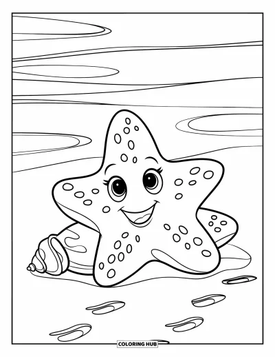 Coloriage d'animaux marins pour enfants : Une étoile de mer joyeuse sur le sable avec de petites empreintes de pas et des vagues derrière