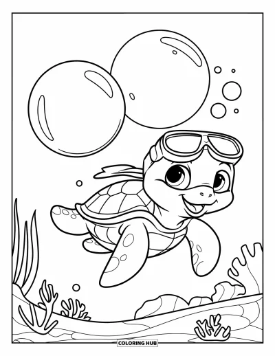 Coloriage d'animaux marins pour enfants : Une adorable petite tortue nage près de deux grandes bulles et des récifs coralliens