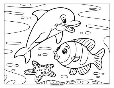 Coloriage d'animaux marins pour enfants : Un dauphin saute en l'air, une étoile de mer reste en bas et un poisson nage à travers les vagues