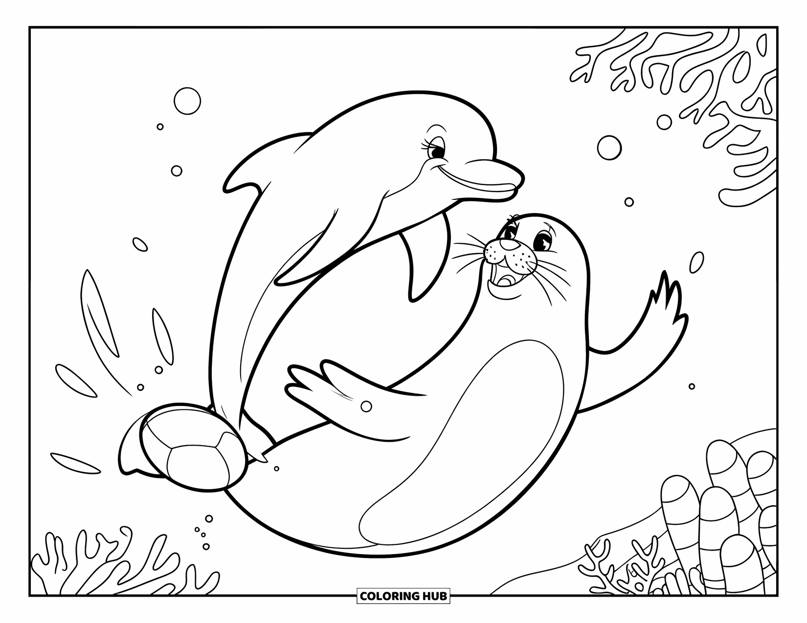 Meerestier-Ausmalbild für Kinder: Ein Delfin springt, während eine Robbe unter einem Wasserball und Korallen treibt