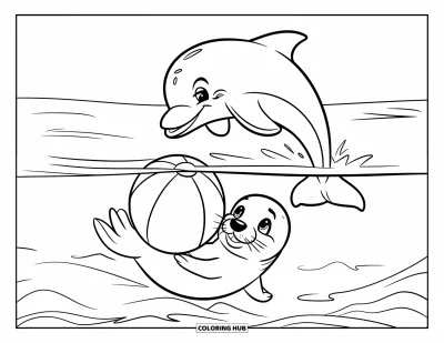 Coloriage d'animaux marins pour enfants : Un dauphin bondit tandis qu'un phoque nage sous un ballon de plage