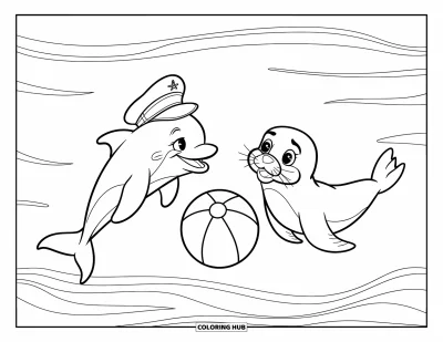 Coloriage d'animaux marins pour enfants : Un dauphin coiffé d'un chapeau de marin joue au ballon avec un phoque sous l'eau