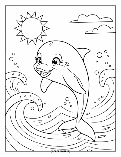 Coloriage d'animaux marins pour enfants : Un dauphin aux grands yeux saute par-dessus des vagues sinueuses sous le soleil et les nuages