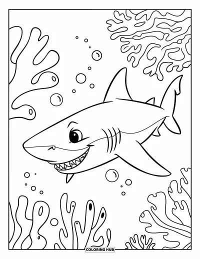Coloriage d'animaux marins pour enfants : Un requin souriant nage tranquillement devant du corail avec des bulles dans les profondeurs