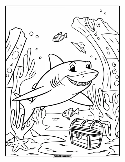 Coloriage d'animaux marins pour enfants : Un requin souriant nage près de coraux, de poissons et d'un coffre au trésor caché