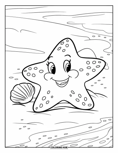 Coloriage d'animaux marins pour enfants : Une étoile de mer souriante sur le sable avec un coquillage à côté et l'océan en arrière-plan