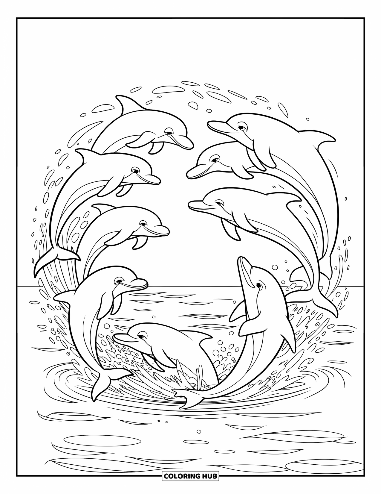 Meerestier-Ausmalbild für Kinder: Eine Gruppe Delfine springt im Kreis mit Spritzern unten