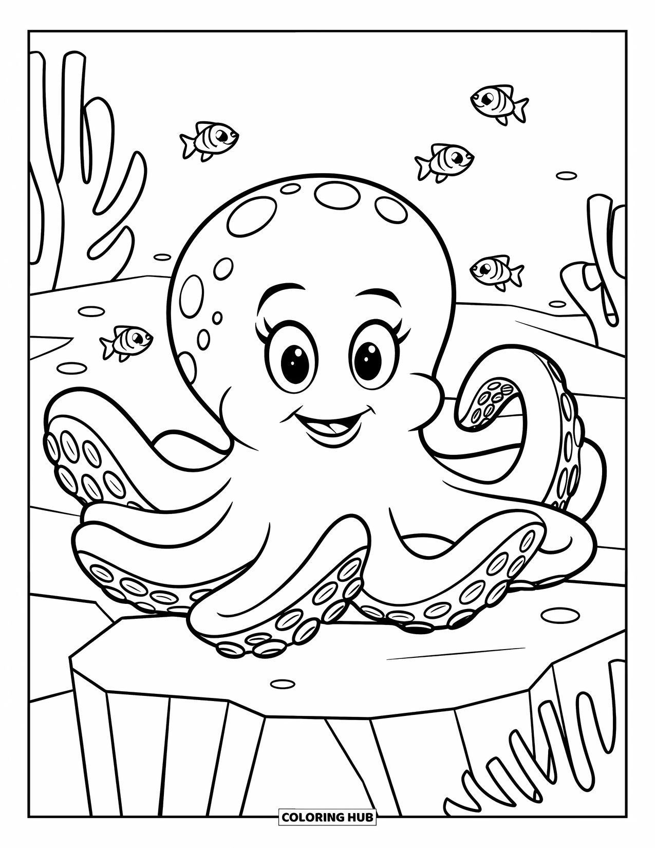 Meerestier-Ausmalbild für Kinder: Ein fröhlicher Tintenfisch sitzt auf einem Felsen mit Fischen und Korallen in der Nähe
