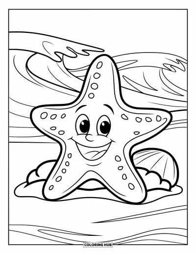 Coloriage d'animaux marins pour enfants : Une étoile de mer heureuse repose sur du sable doux avec un coquillage et des vagues derrière