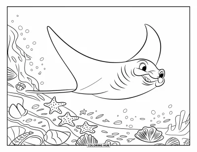Coloriage d'animaux marins pour enfants : Une raie manta plane au-dessus d'un récif avec des étoiles de mer et des coquillages