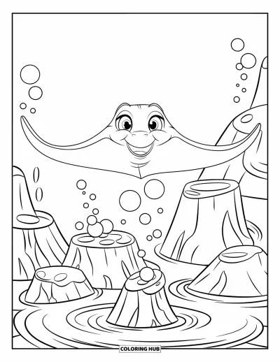 Coloriage d'animaux marins pour enfants : Une raie manta plane au-dessus de roches volcaniques et de filets de bulles