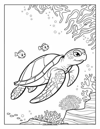 Coloriage d'animaux marins pour enfants : Une tortue de mer glisse près de récifs coralliens avec deux poissons qui nagent à ses côtés