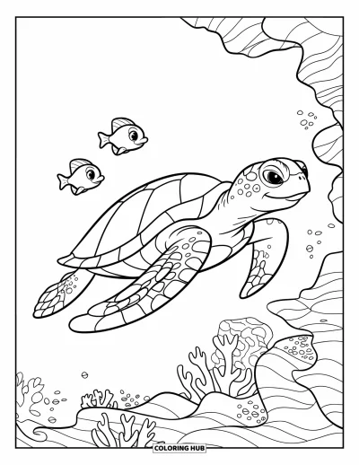 Coloriage d'animaux marins pour enfants : Une tortue de mer nage à travers des récifs coralliens avec deux petits poissons à ses côtés