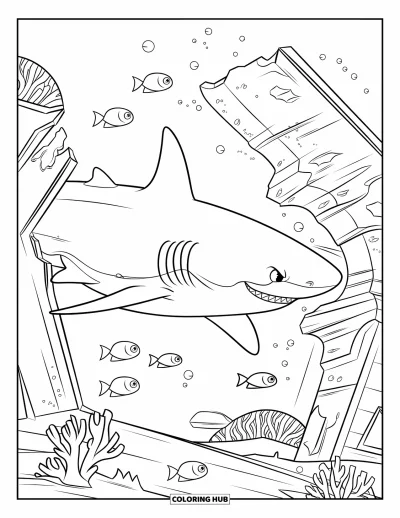 Coloriage d'animaux marins pour enfants : Un requin se faufile entre des ruines recouvertes de corail avec des poissons à proximité
