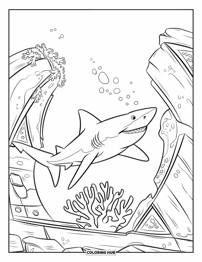 Coloriage d'animaux marins pour enfants : Un requin nage à travers une épave recouverte de corail