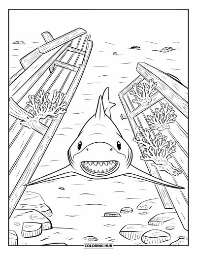 Coloriage d'animaux marins pour enfants : Un requin aux dents acérées nage à travers une vieille épave recouverte de corail