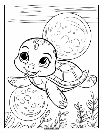 Coloriage d'animaux marins pour enfants : Une adorable petite tortue nage à côté de bulles aux jolis motifs et de plantes aquatiques