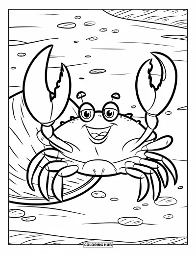 Coloriage d'animaux marins pour enfants : Un crabe souriant agite ses pinces à côté d'un coquillage sur le sable de l'océan