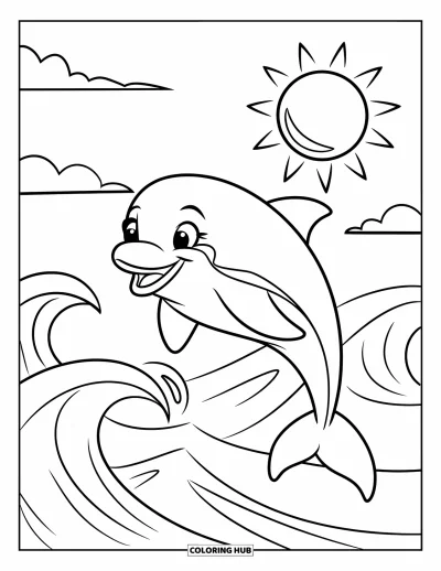Coloriage d'animaux marins pour enfants : Un dauphin souriant saute par-dessus de douces vagues avec le soleil qui brille au-dessus