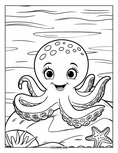 Coloriage d'animaux marins pour enfants : Une pieuvre souriante repose sur un rocher avec une étoile de mer tout près