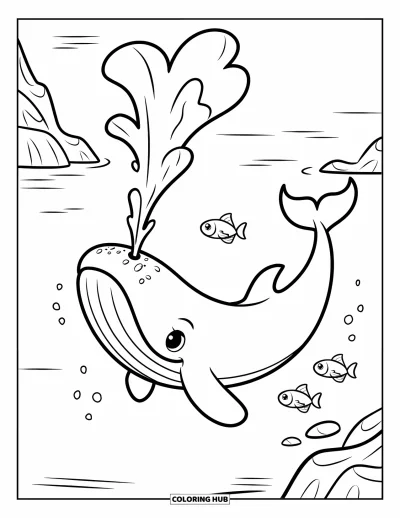 Coloriage d'animaux marins pour enfants : Une baleine souffle un jet d'eau avec trois petits poissons qui nagent à proximité