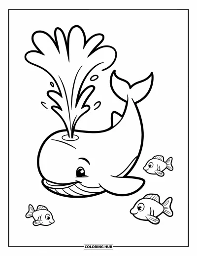 Coloriage d'animaux marins pour enfants : Une baleine souffle de l'eau avec trois petits poissons à proximité