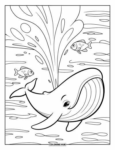 Coloriage d'animaux marins pour enfants : Une baleine crache de l'eau tandis que trois petits poissons nagent près de douces vagues