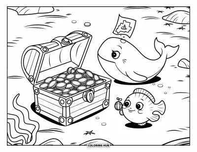 Coloriage d'animaux marins pour enfants : Une baleine avec une carte au trésor et un poisson-globe gardent un coffre ouvert