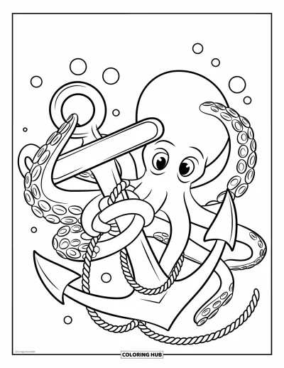 Coloriage d'animaux marins pour enfants : Une pieuvre tient une corde avec une ancre entourée de bulles